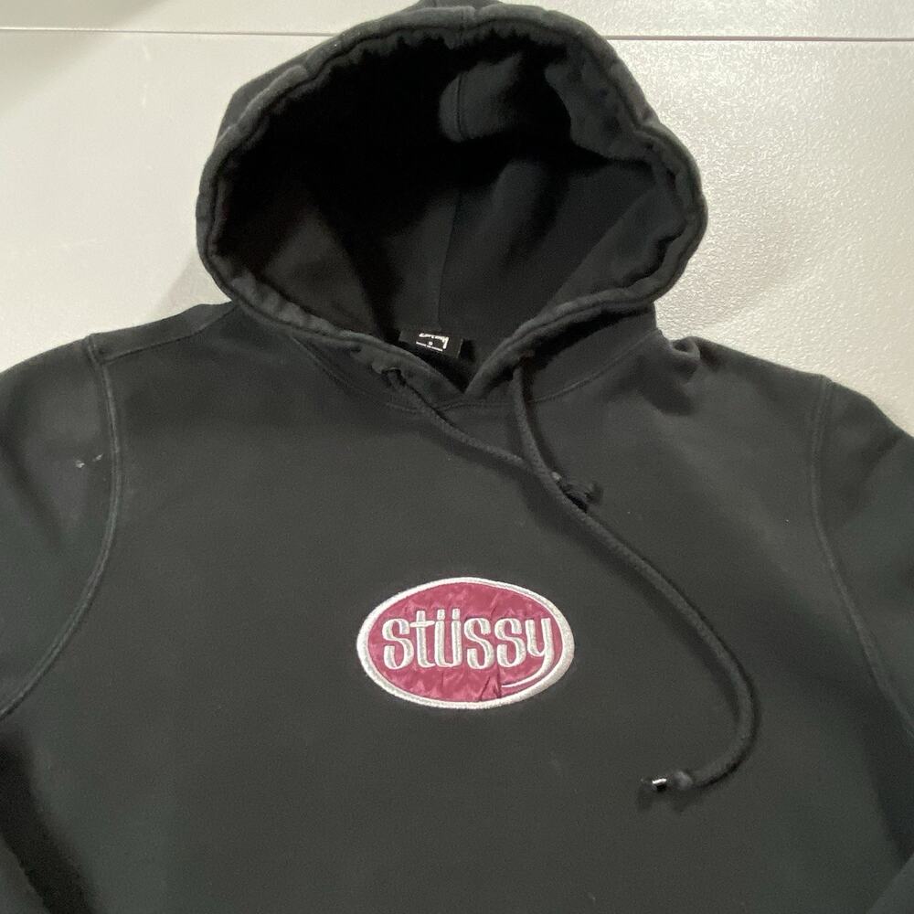 STUSSY Oval Logo Applique Pullover Black Hoodie Sweatshirt Sz Small Skater Skate